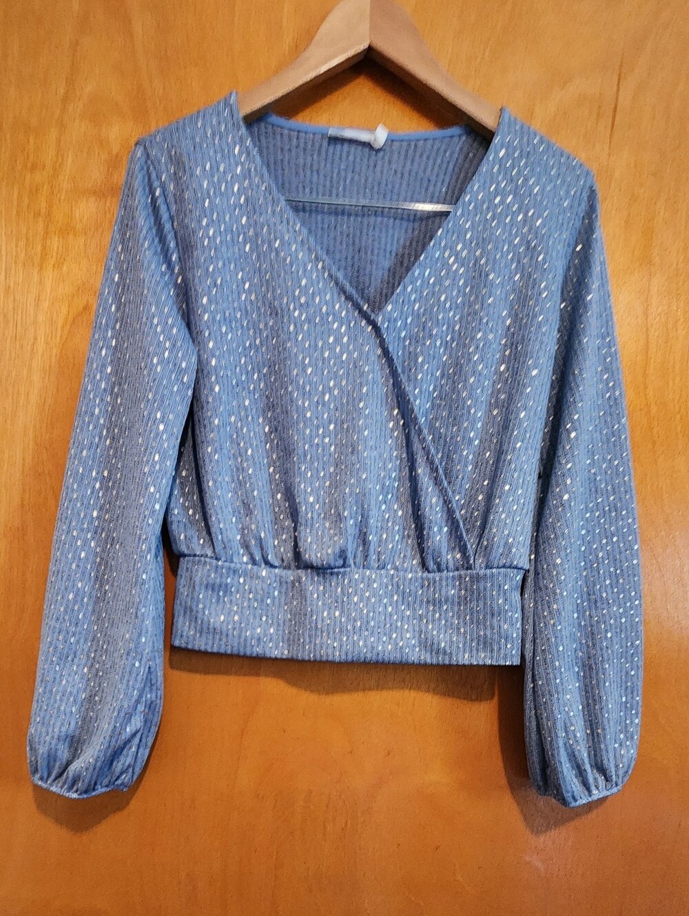 Lush Slate Blue Silver Metallic Chic Faux Wrap Top